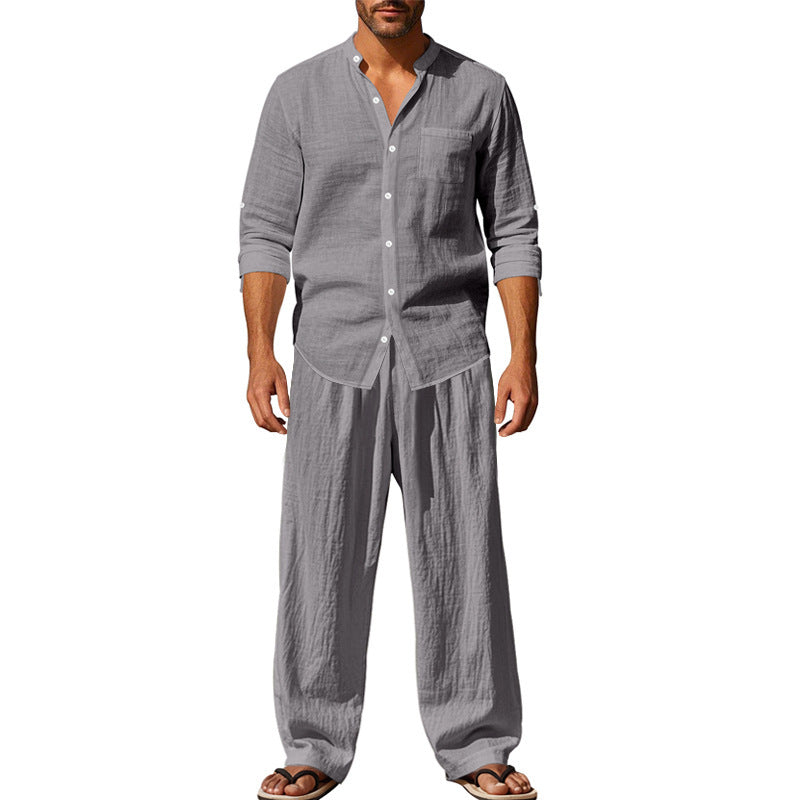 Herren entspannendes Leinen-Outfit im lässigen Design mit durchgehender Knopfleiste und praktischen Taschen Drune