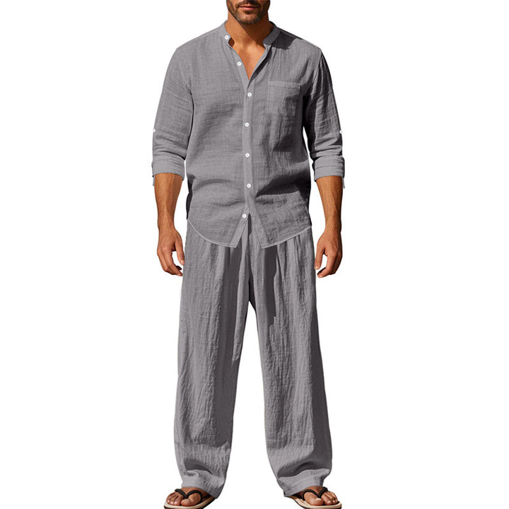Herren entspannendes Leinen-Outfit im lässigen Design mit durchgehender Knopfleiste und praktischen Taschen Drune