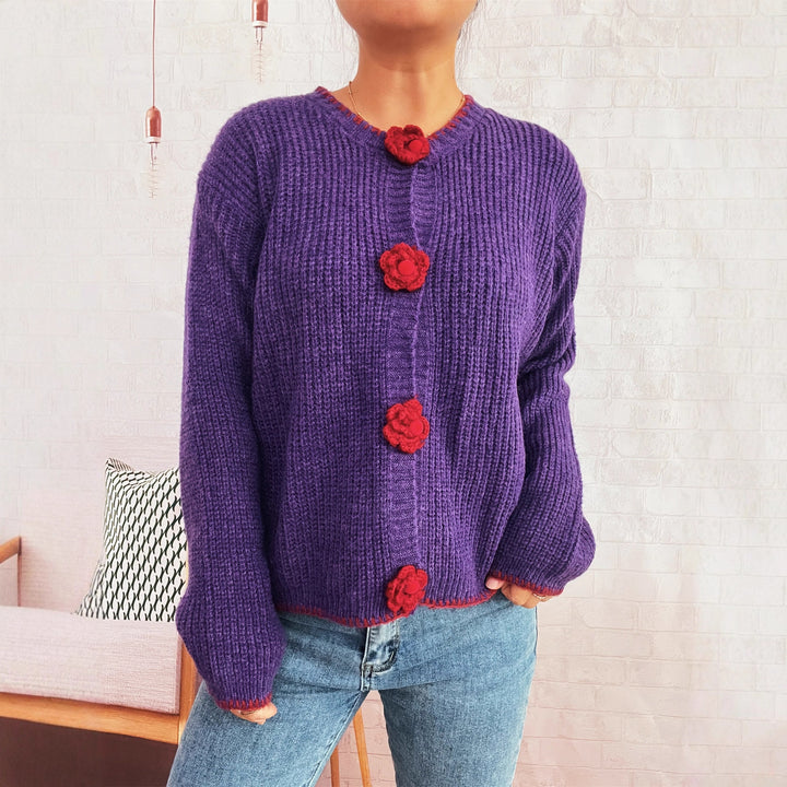 Damen Strickjacke mit floralen Knopfdetails und strukturierter Textur Drune