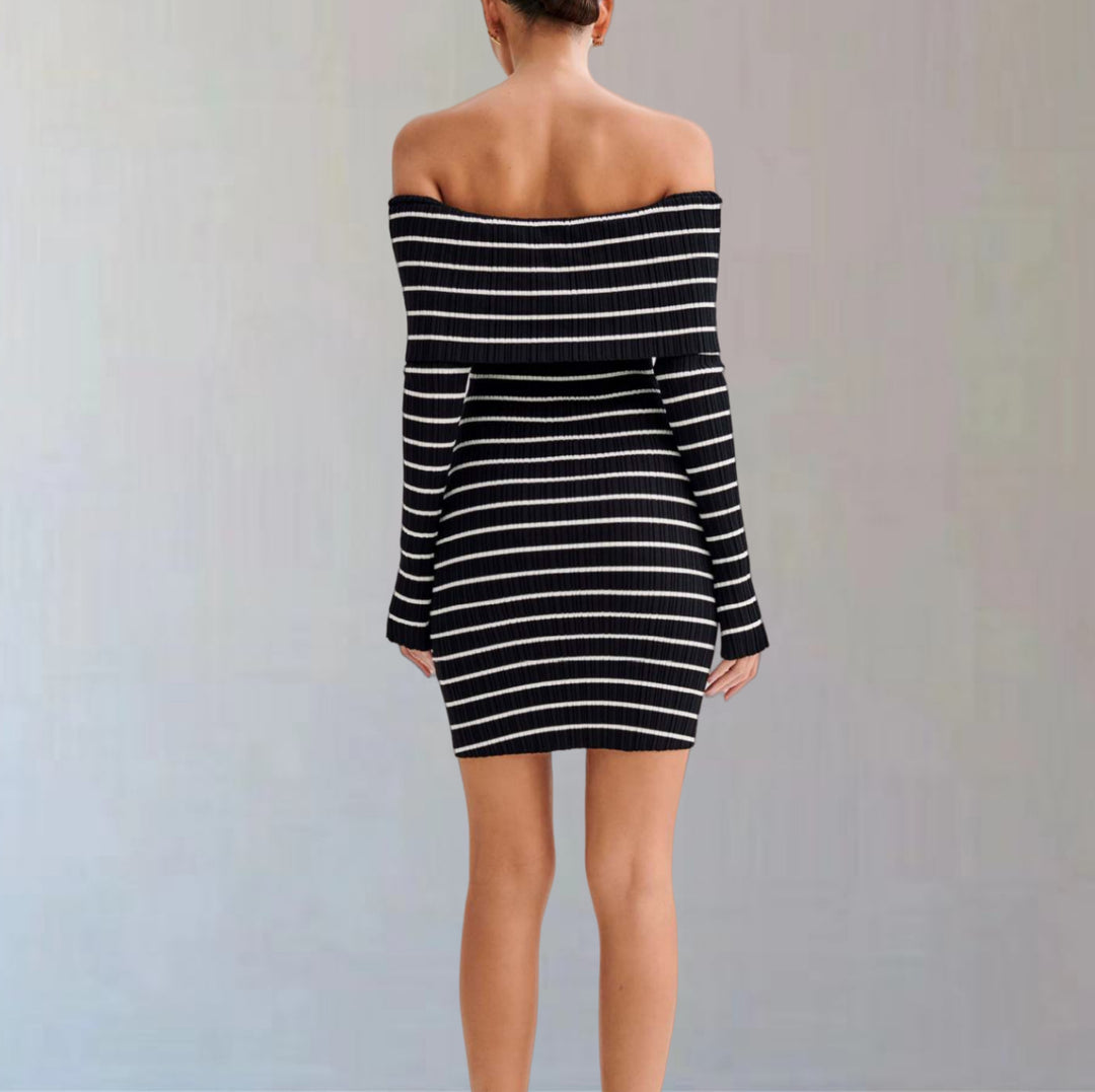 Damen Off-Shoulder Strickkleid mit langen Ärmeln und Streifenmuster Drune