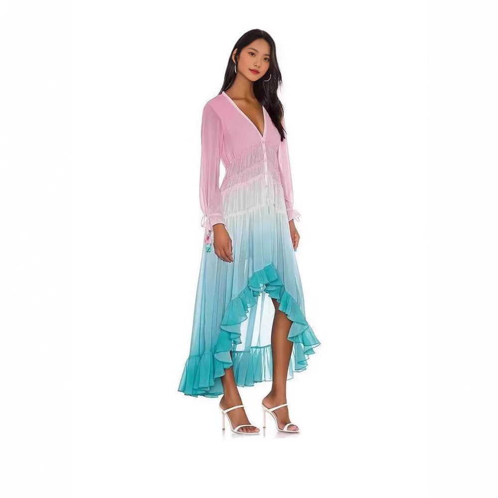 Damen Maxikleid mit Volant-Details und elastischem Oberteil Drune