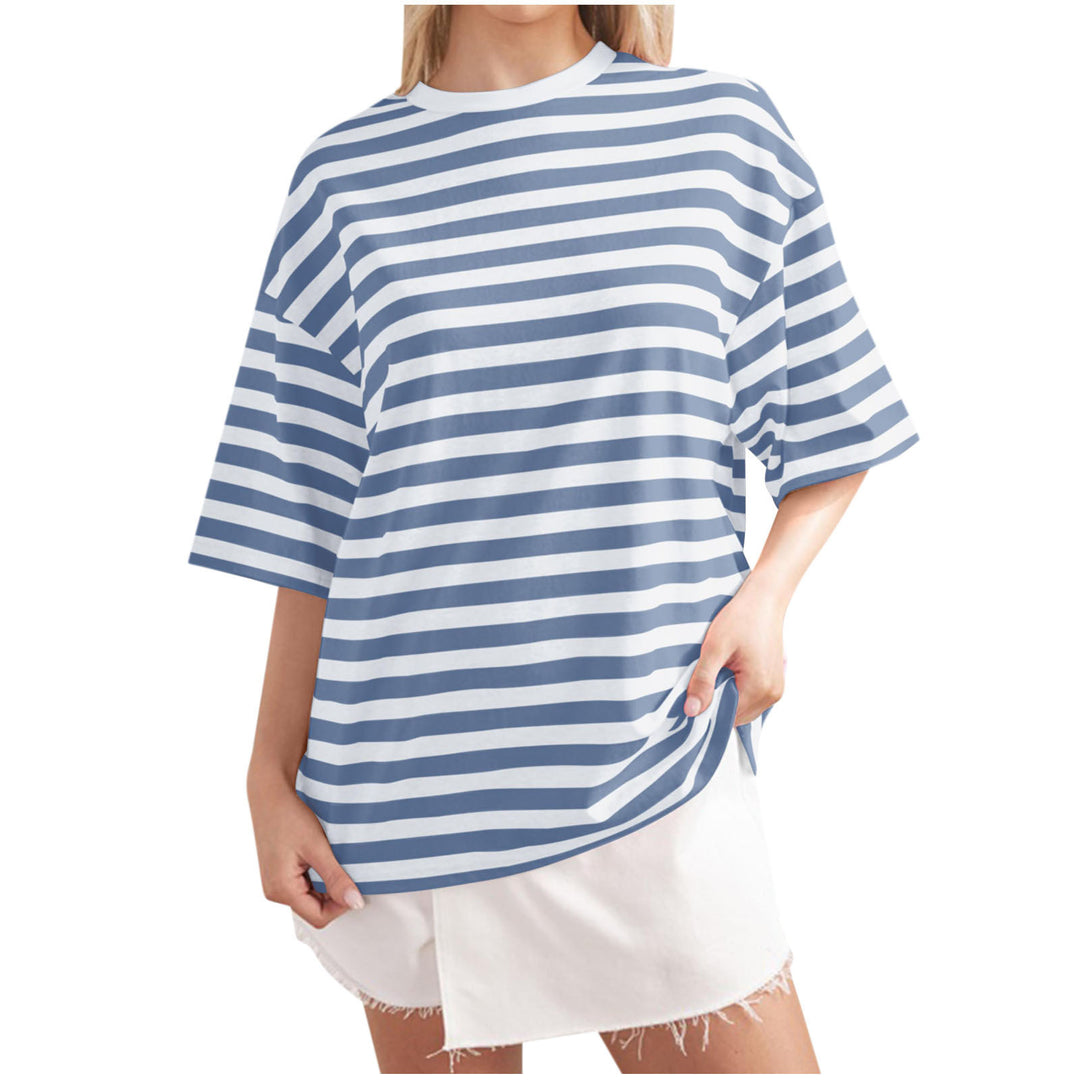 Damen Oversized gestreiftes T-Shirt mit Rundhalsausschnitt und kurzen Ärmeln Drune