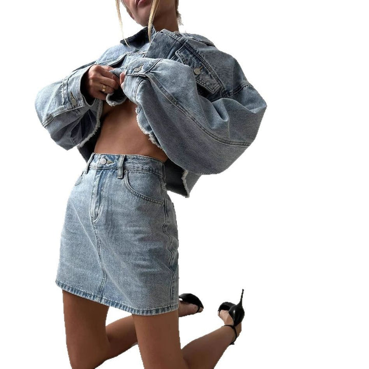 Damen Denim Jacke und Bleistiftrock Set Drune