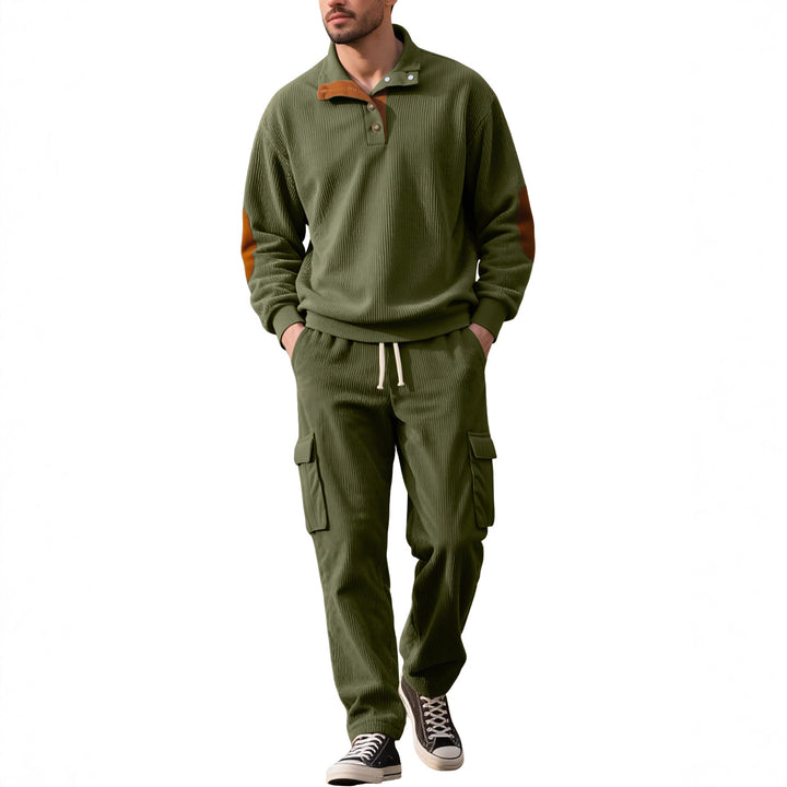 Herren nan strukturierter Troyer-Pullover mit Stehkragen Druckknopfleiste und Velours-Ellenbogenpatch Drune