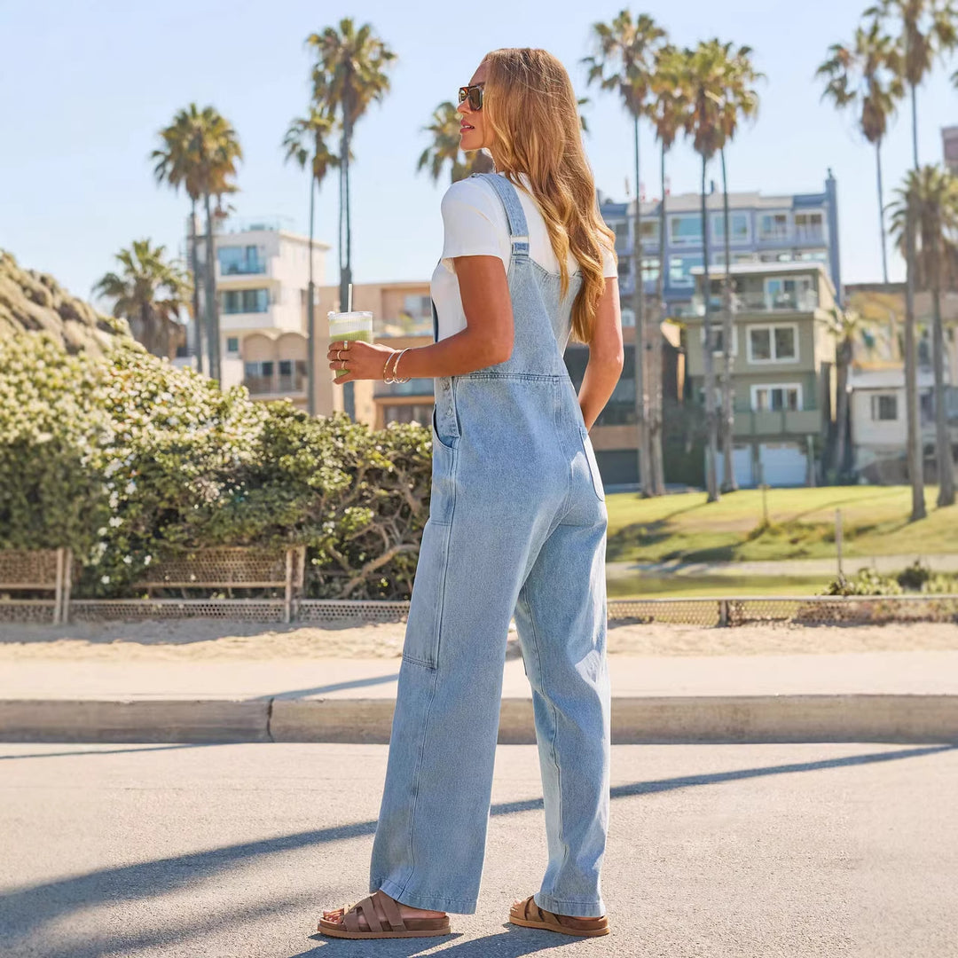 Damen Lässige Overall aus Denim mit weit geschnittenem Bein und praktischen Taschen Drune
