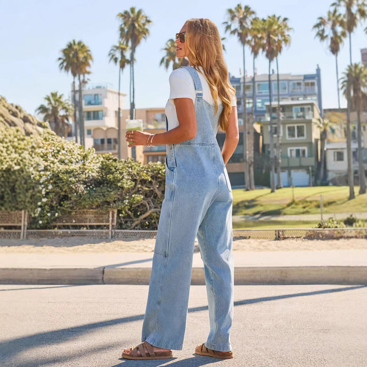 Damen Lässige Overall aus Denim mit weit geschnittenem Bein und praktischen Taschen Drune