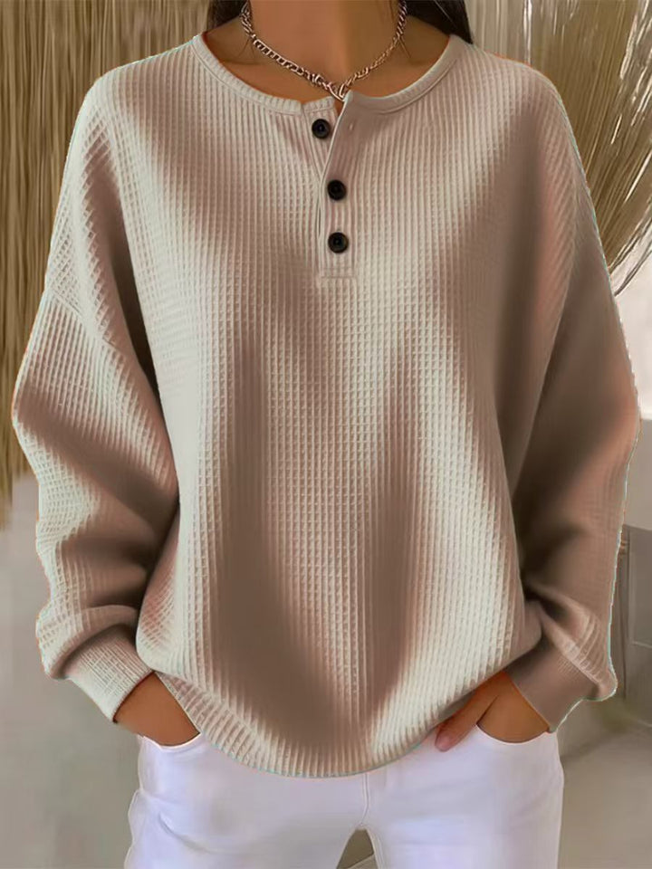 Damen nan Oversized Waffelstrick Henley-Pullover mit Knopfleiste und abgerundetem Saum Drune