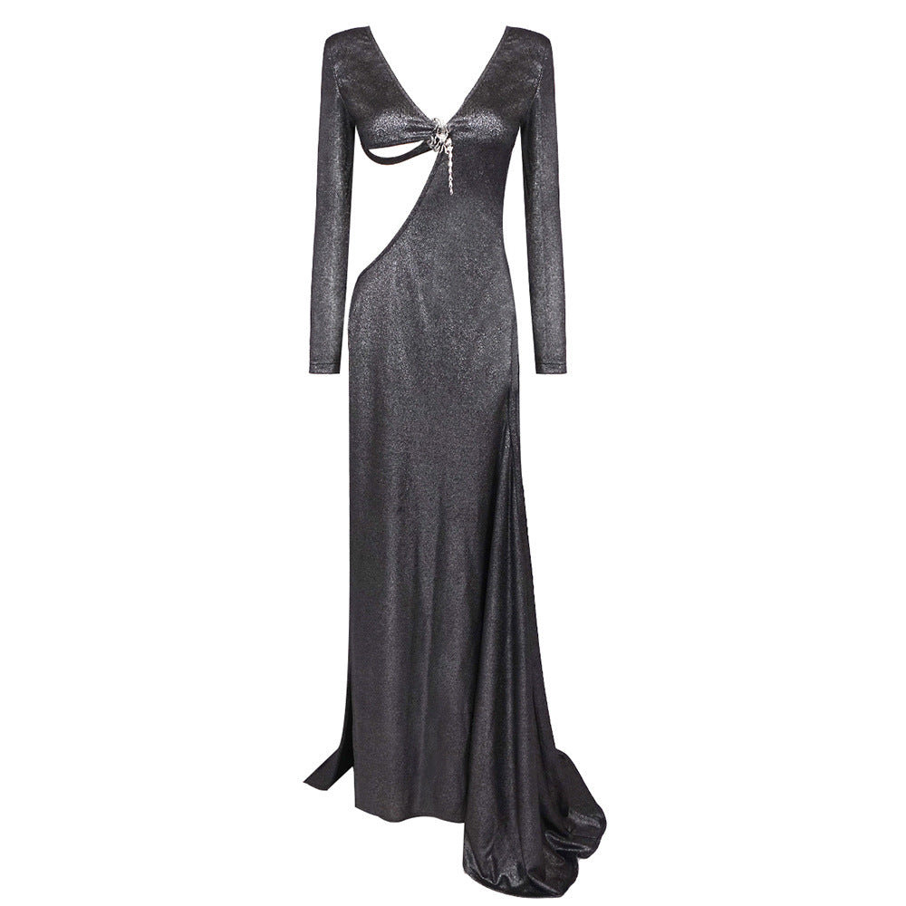 Damen Glamouröses Abendkleid mit tiefem V-Ausschnitt und seitlichem Schlitz Drune