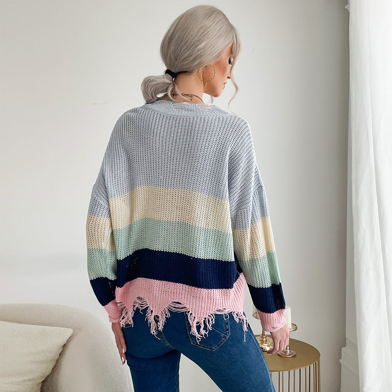 Damen lässiger Strickpullover mit fransigen Saumdetails Drune