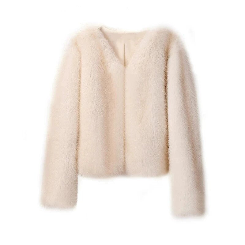 Damen luxuriöse Plüschjacke mit V-Ausschnitt Drune