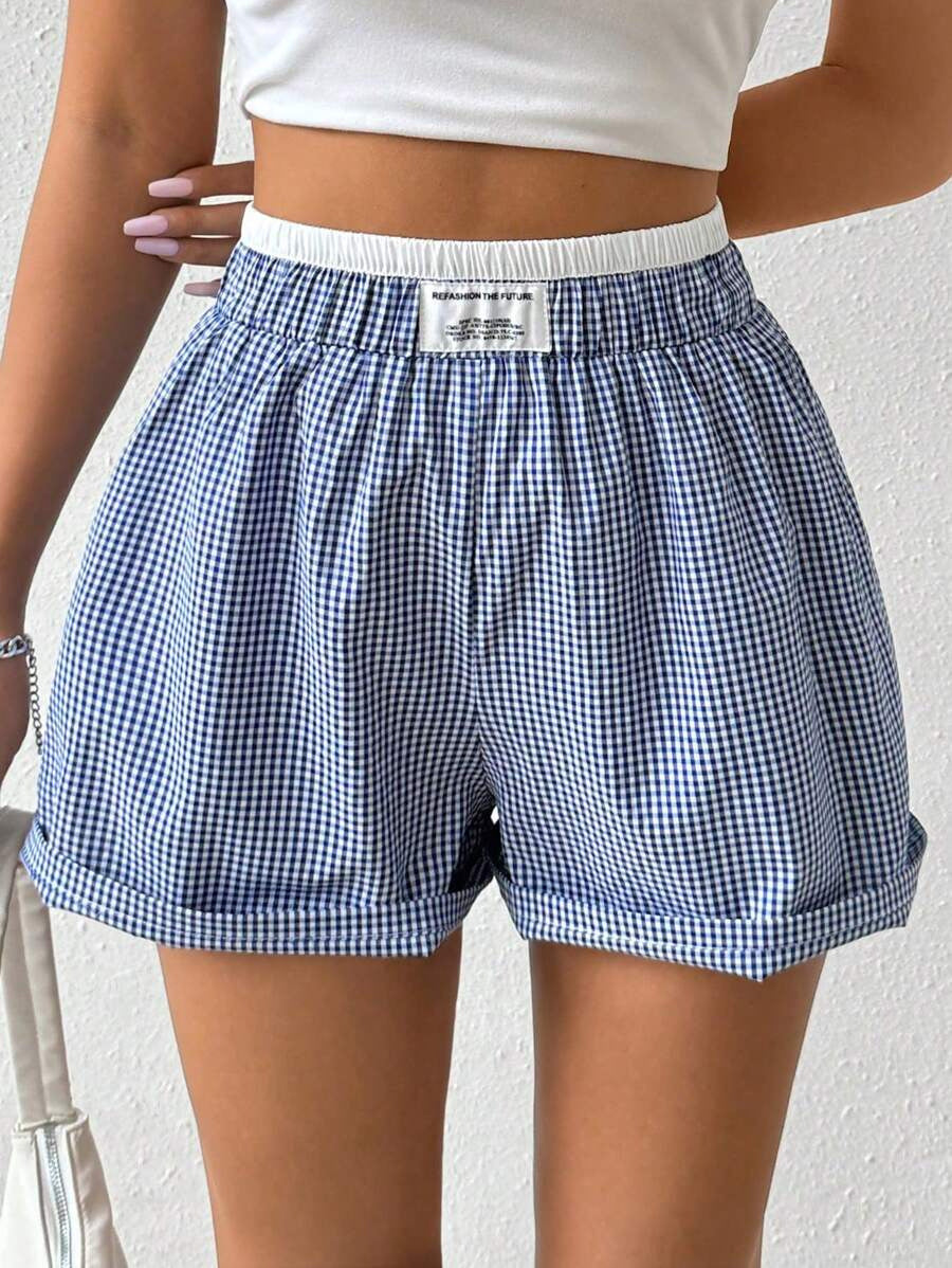 Damen lässige Vichy-Karo Shorts mit elastischem Bund Drune