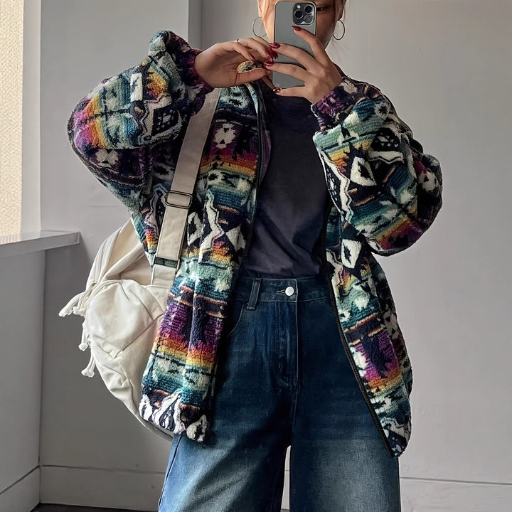 Damen Fleecejacke mit buntem Ethno-Muster und weichem Innenfutter Drune