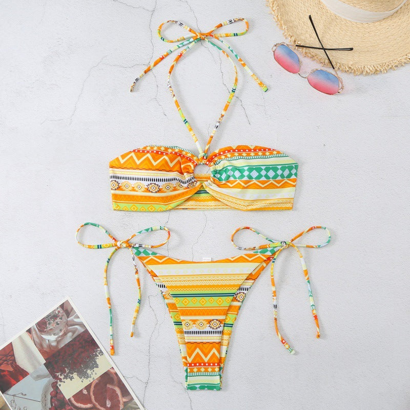Damen Bandeau-Bikini mit verstellbaren Bindebändern und farbenfrohem Muster Drune