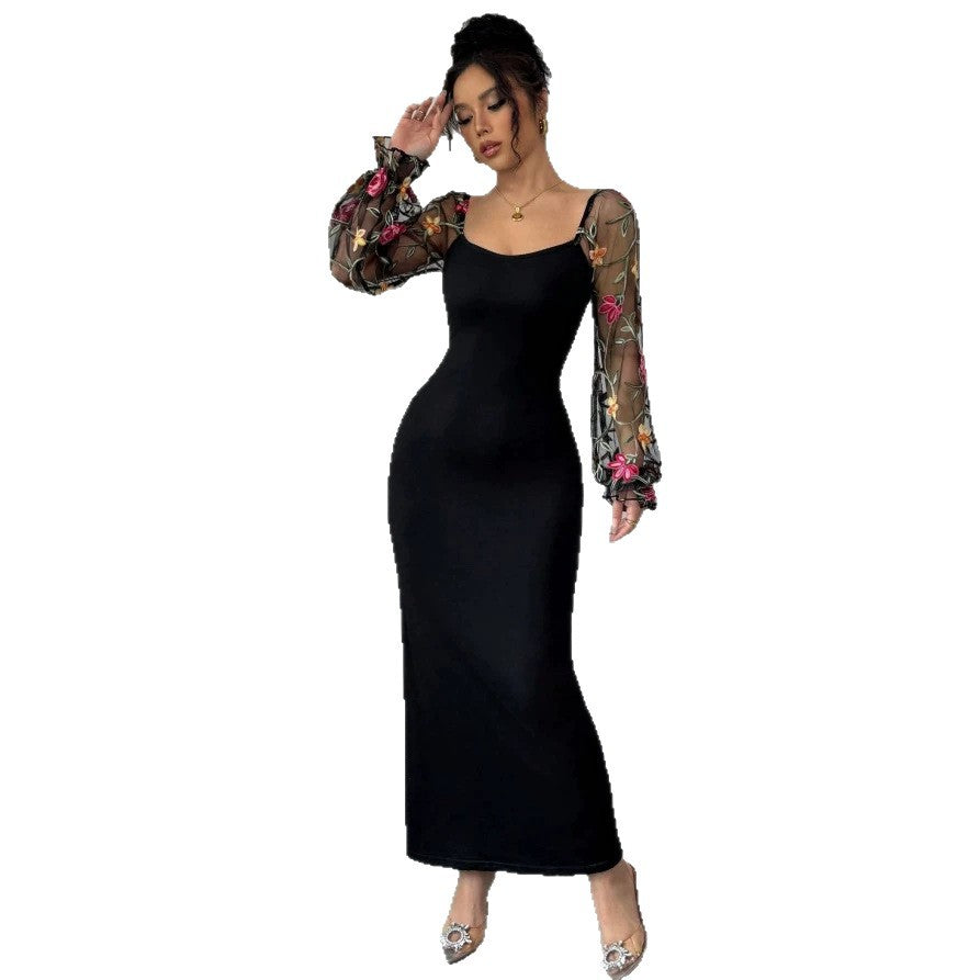 Damen Elegantes Maxikleid mit floralen Spitzenärmeln und figurbetontem Schnitt Drune