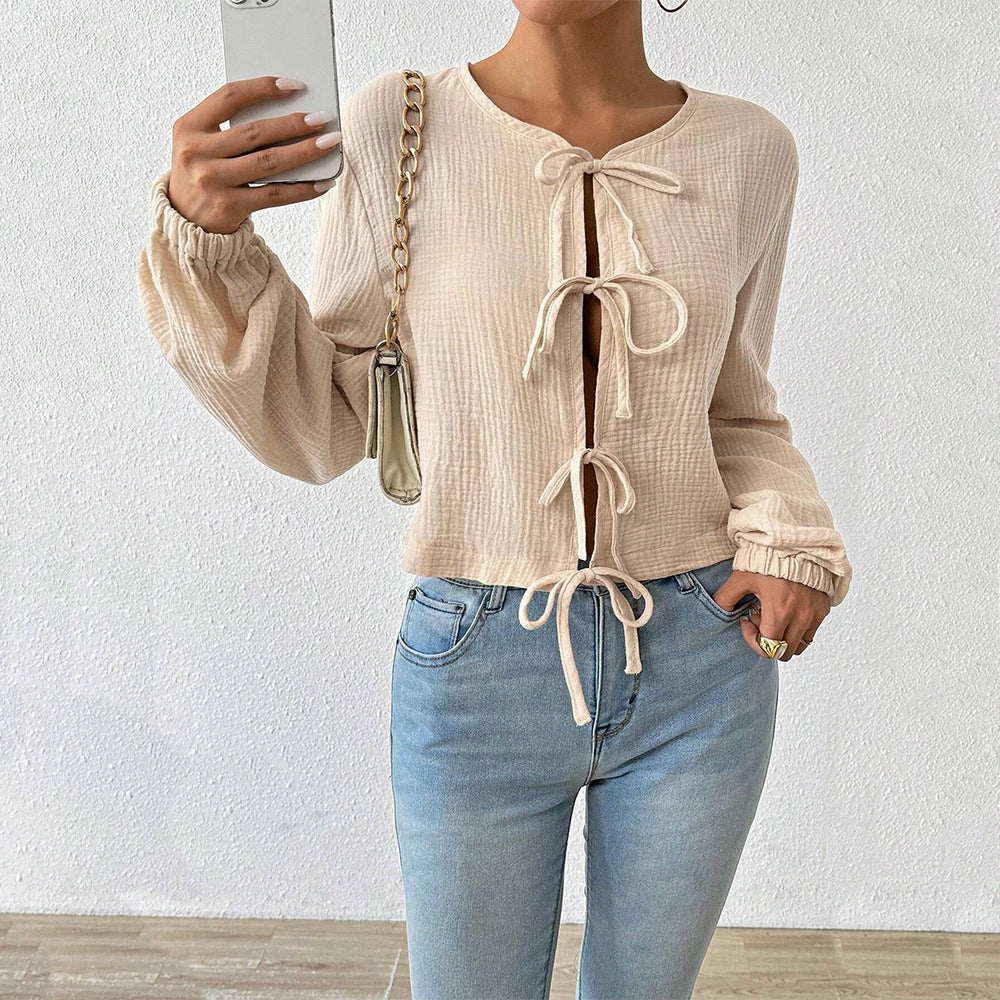 Damen cropped Blusenoberteil mit raffinierten Schnürdetails Drune
