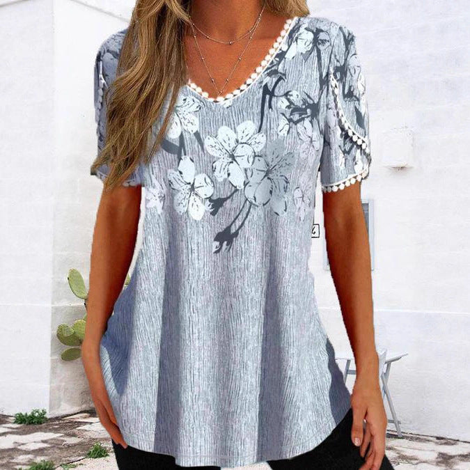 Damen nan legeres V-Ausschnitt-Tunikashirt mit floralem Muster und Pomponbesatz Drune