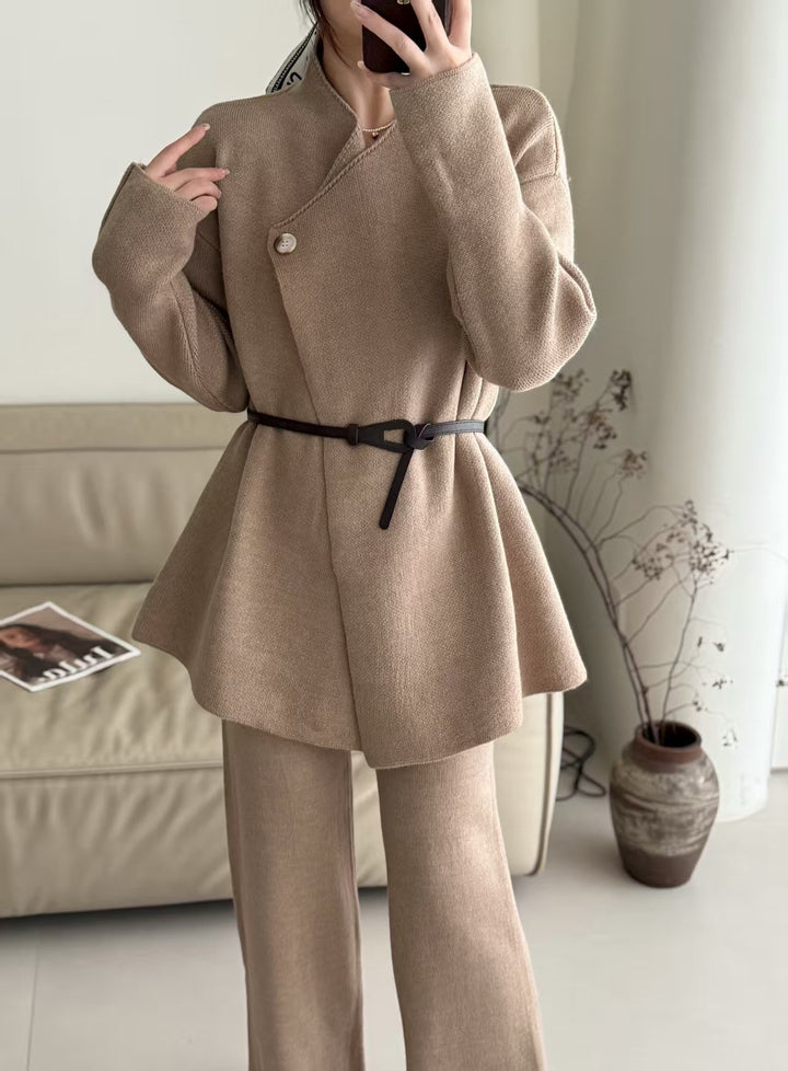 Damen Eleganter Blazer mit tailliertem Gürtel und feiner Textur Drune