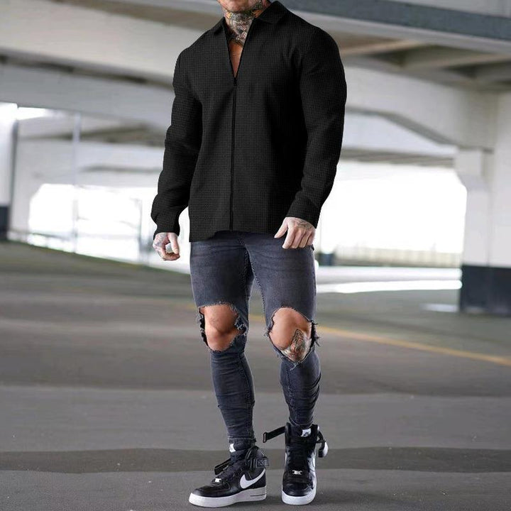 Herren nan strukturiertes Langarm-Hemdjacke mit verdecktem Halbzip, Kentkragen und leichter Waffelstruktur Drune