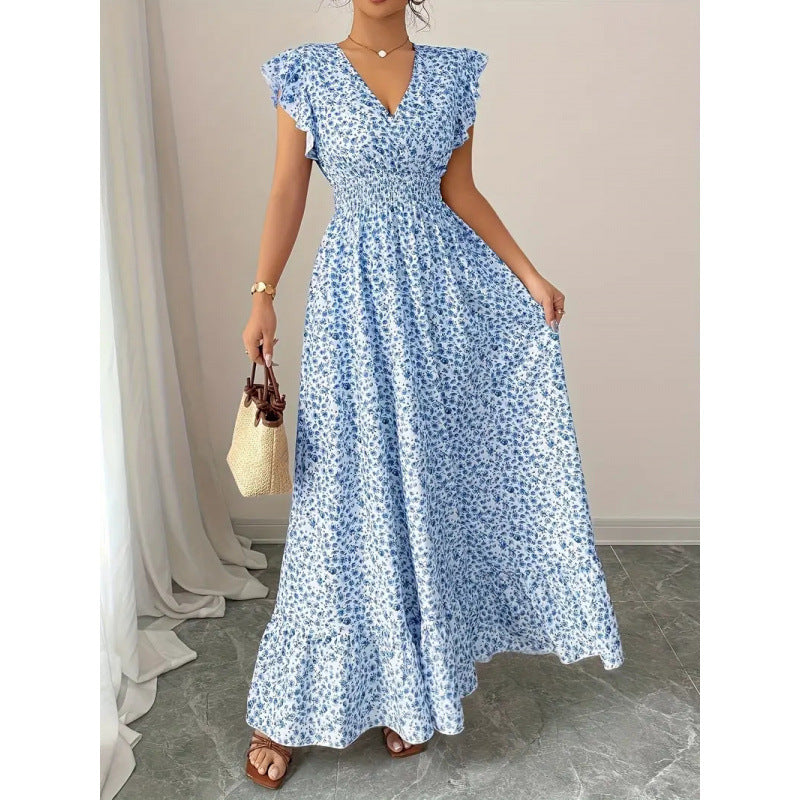 Damen Maxikleid mit floralem Rüschendesign und elastischem Taillenteil Drune