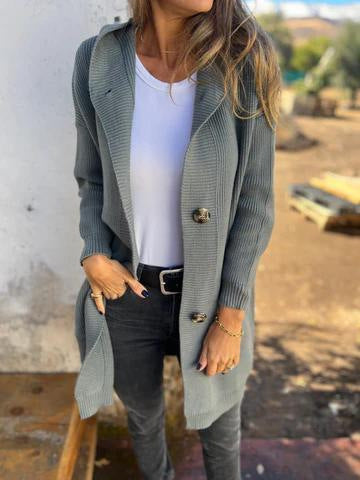 Damen Strickjacke mit Kapuze und Knöpfen Drune