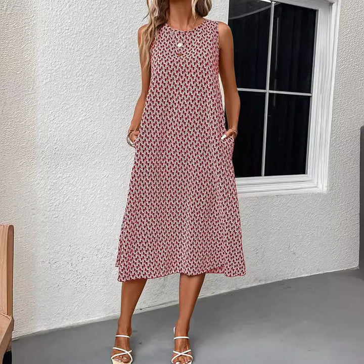 Damen nan ärmelloses A-Linien-Midikleid mit Rundhalsausschnitt, seitlichem Beinschlitz und feinem Geometrie-Print Drune