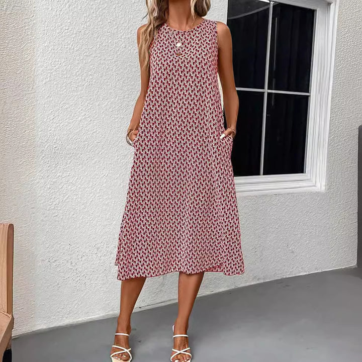 Damen nan ärmelloses A-Linien-Midikleid mit Rundhalsausschnitt, seitlichem Beinschlitz und feinem Geometrie-Print Drune