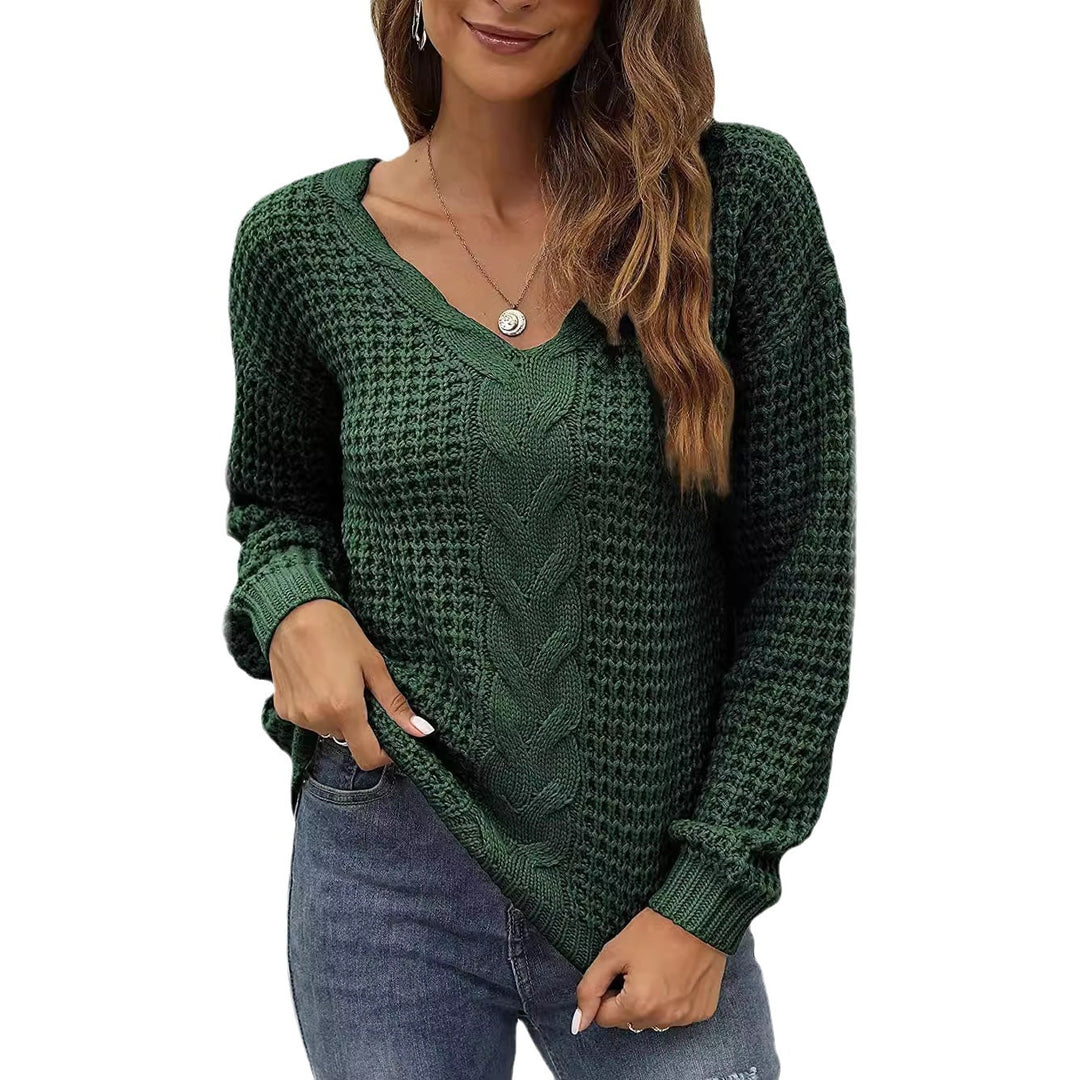 Damen lässiger Strickpullover mit tiefem V-Ausschnitt und detailliertem Zopfmuster Drune