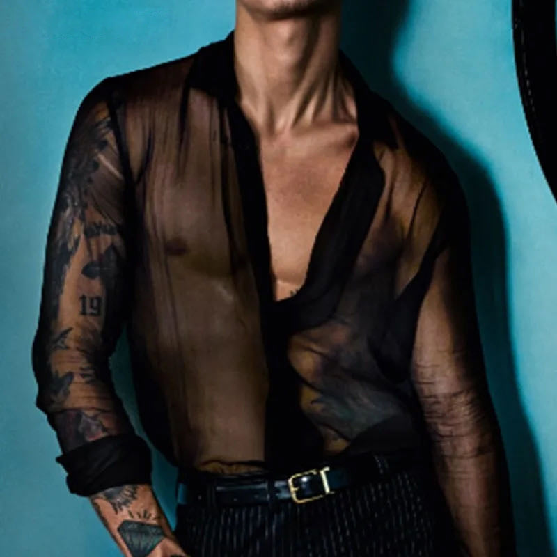 Damen nan semi-transparente Langarm-Chiffonbluse mit Hemdkragen und breiten Manschetten Drune