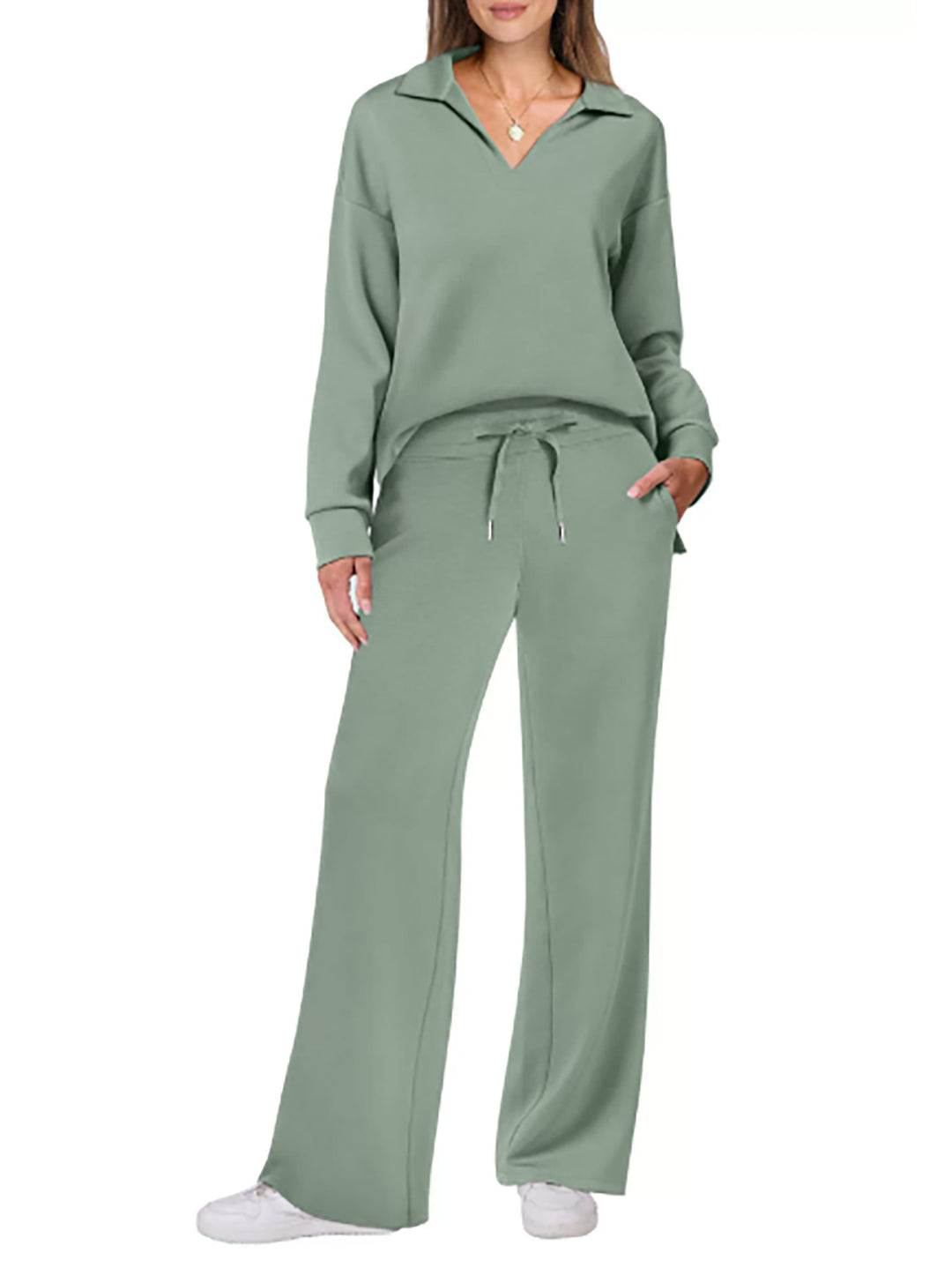 Damen Lässiger Lounge-Set mit weitem Bein und V-Ausschnitt Drune