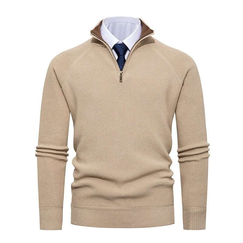 Herren nan feiner Strickpullover mit Halbzip, strukturierter Rippoptik und innen kontrastiertem Stehkragen Drune