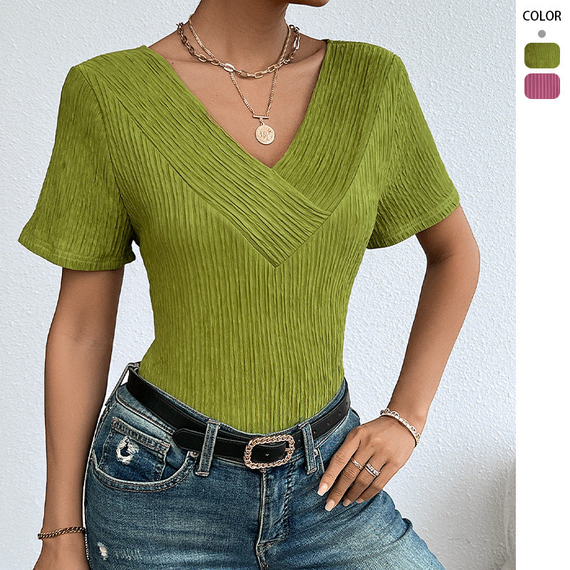 Damen lässiges V-Ausschnitt Shirt mit fließendem Design und kurzen Ärmeln Drune