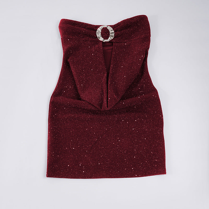 Damen glamouröses Abendtop mit schimmerndem Dekolleté und funkelndem Design Drune
