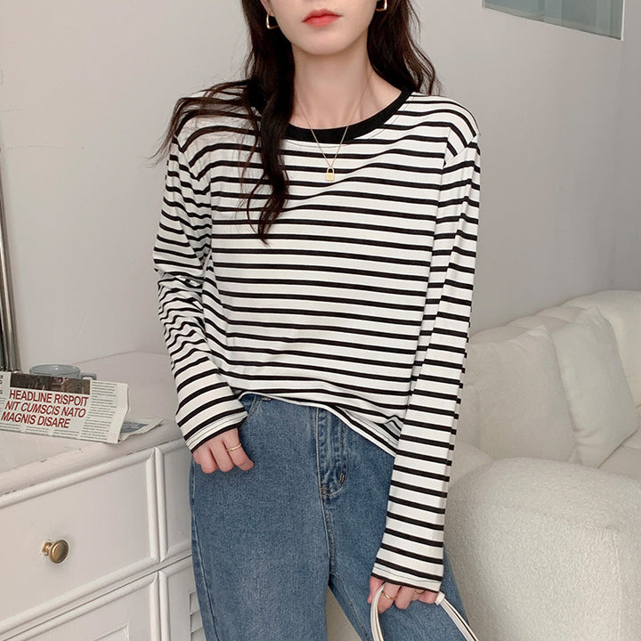 Damen lässiges Langarmshirt mit modischem Streifenmuster Drune