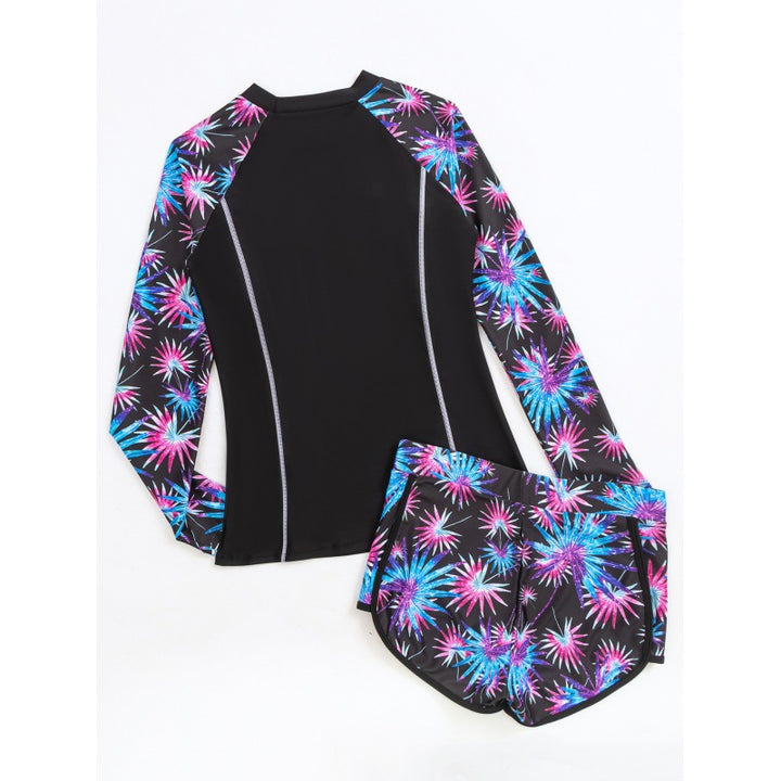 Damen Rashguard mit sportlichen Shorts und trendigem Blumenmuster Drune
