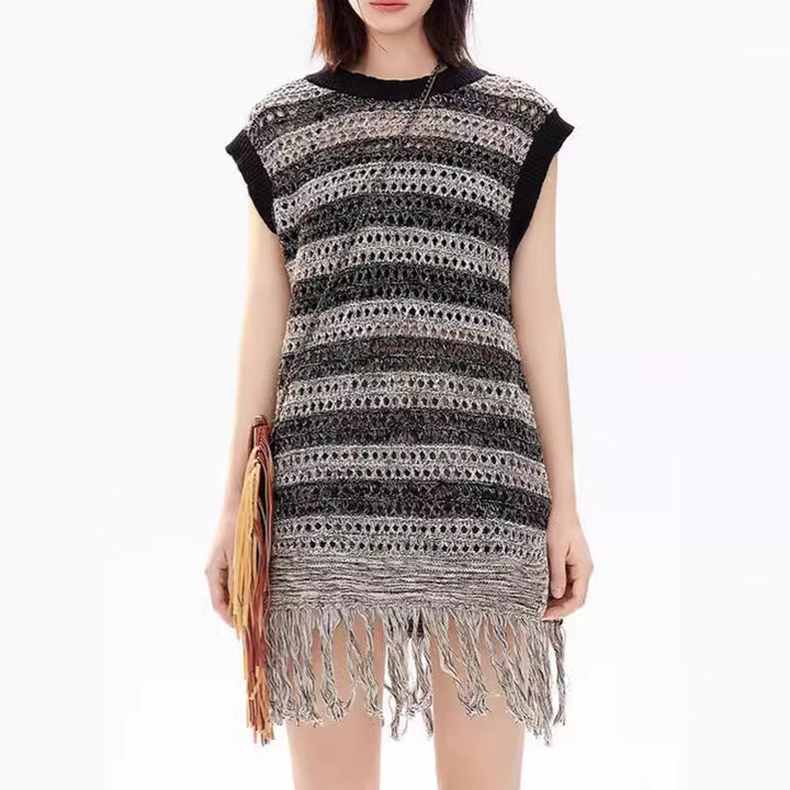 Damen lässiges Stricktop mit Fransen und Lochmuster Drune