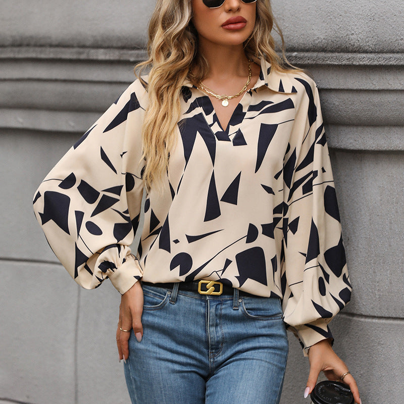 Damen lässige Bluse mit modernem grafischem Druck und voluminösen Ärmeln Drune