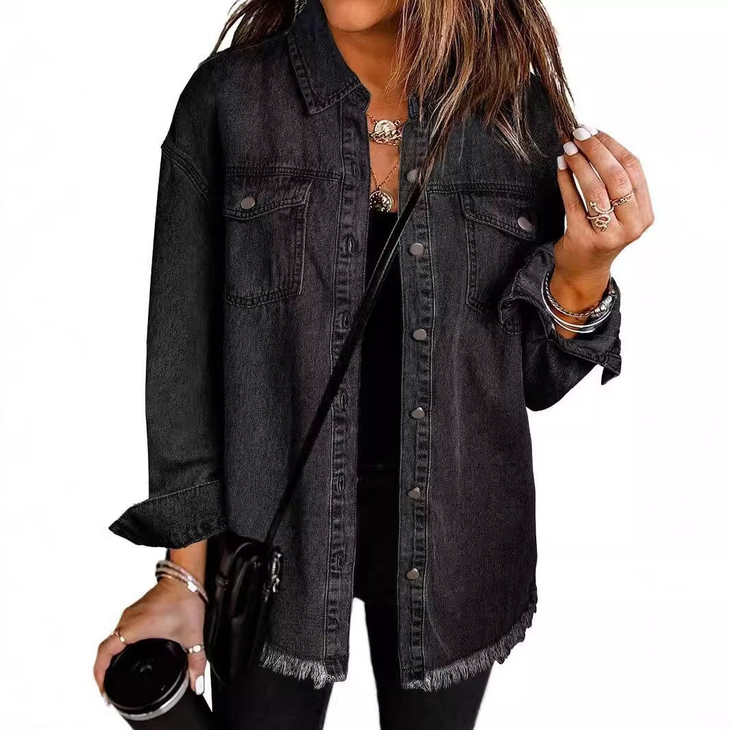 Damen Jeanshemd mit fransigem Saum und praktischen Taschen Drune