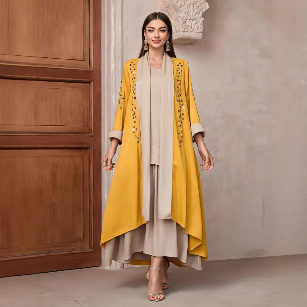 Damen Langarm-Kimono mit dekorativen Applikationen und asymmetrischem Saum Drune
