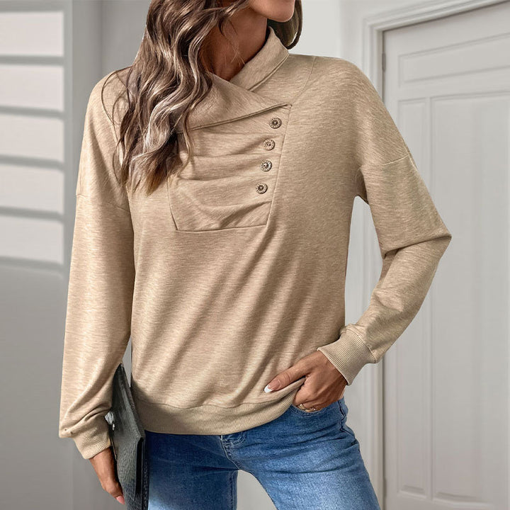 Damen lässiger Strickpullover mit modischem Kragen und Knopfdetails Drune