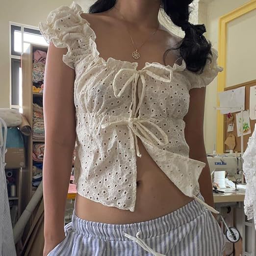Damen Rüschenshirt mit tiefer Taille und Bindebändern Drune
