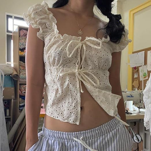 Damen Rüschenshirt mit tiefer Taille und Bindebändern Drune