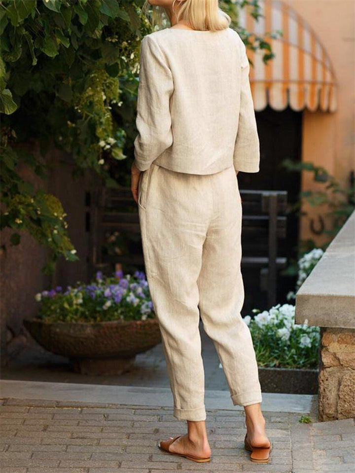 Damen Lässiges Zweiteiliges Leinen-Outfit mit breitem Bund Drune