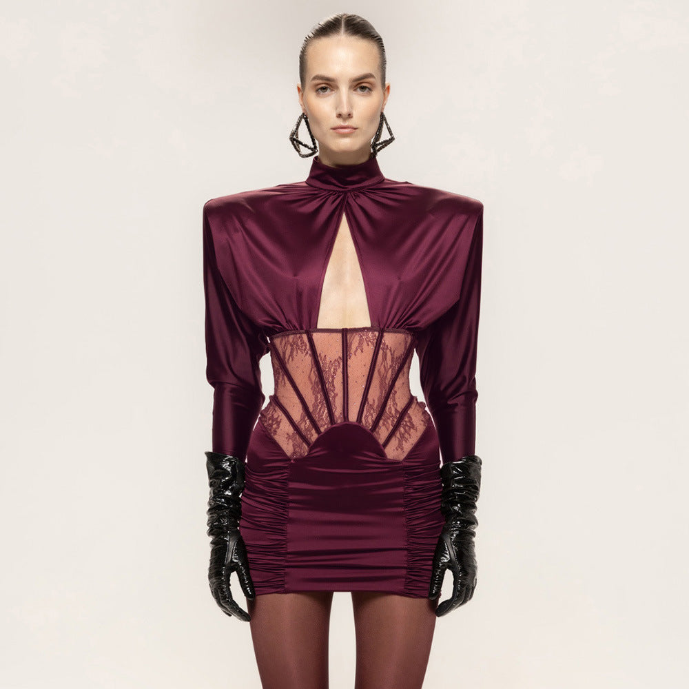 Damen Figurbetontes Cocktailkleid mit elegantem Spitzenbesatz und Raffungen Drune