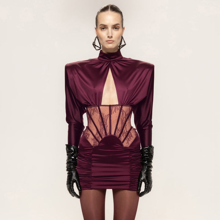 Damen Figurbetontes Cocktailkleid mit elegantem Spitzenbesatz und Raffungen Drune