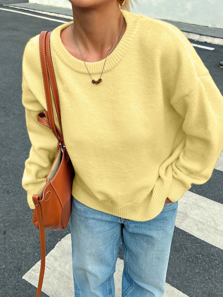 Damen lässiger Strickpullover mit Rundhalsausschnitt und voluminösen Ärmeln Drune