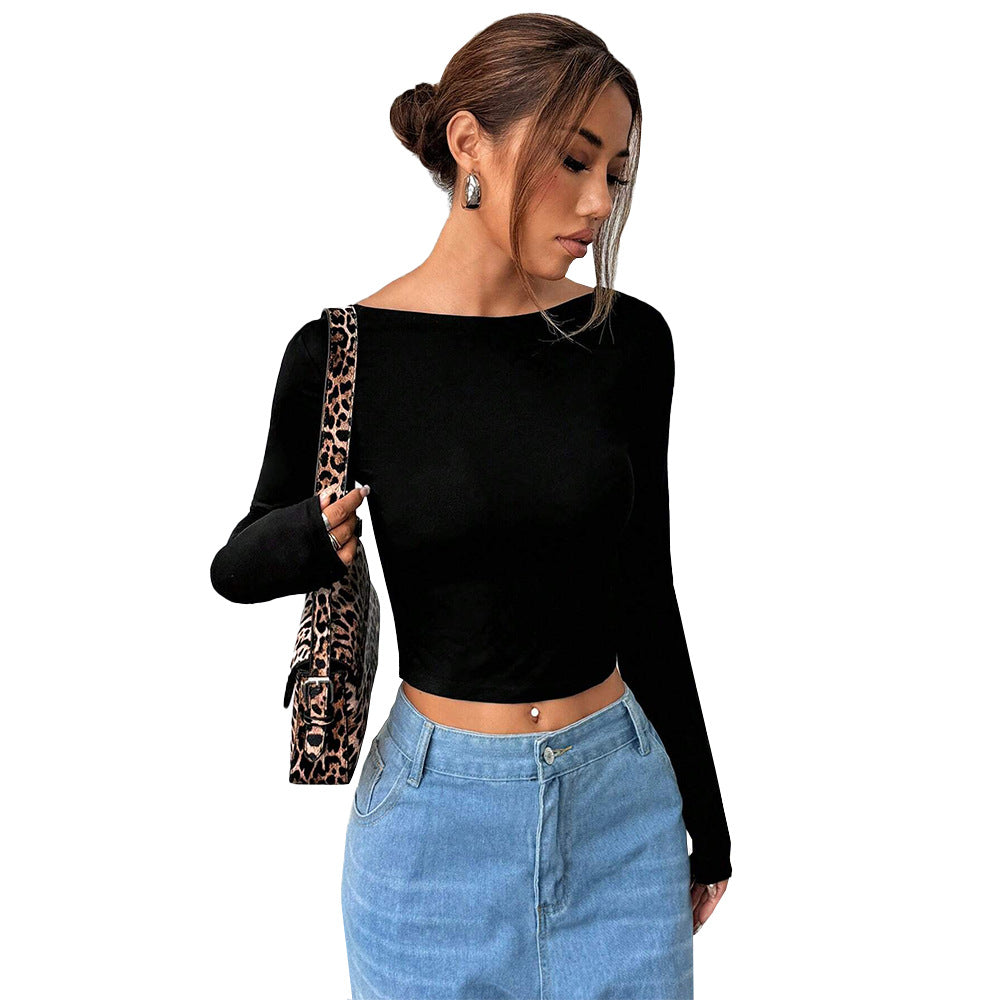 Damen Langarm-Crop-Top mit elegantem Rundhalsausschnitt und figurschmeichelndem Schnitt Drune