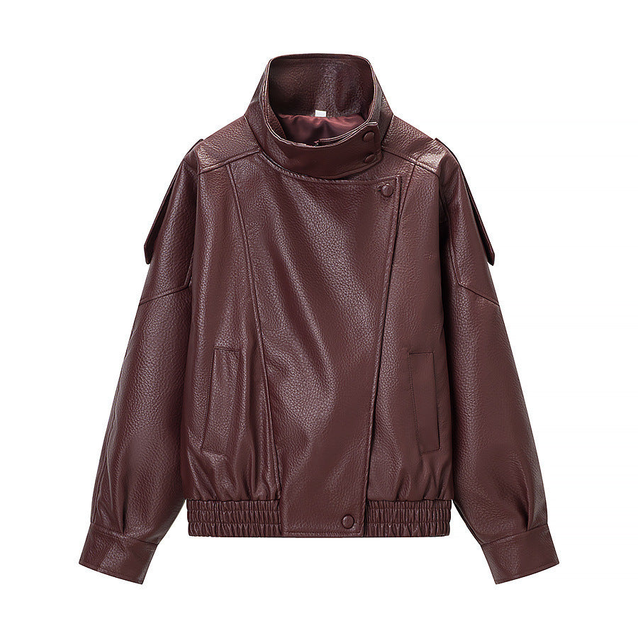 Damen modische Kunstlederjacke mit hohem Kragen und praktischen Taschen Drune