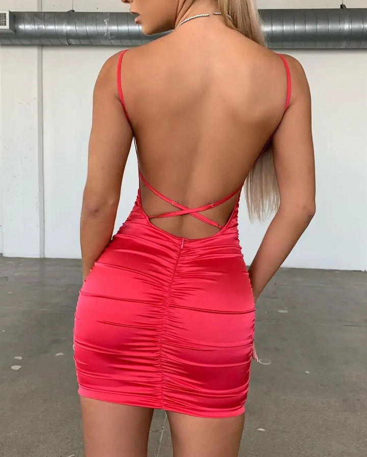 Damen figurbetontes Kleid mit Spaghettiträgern und elegantem Rüschendesign Drune