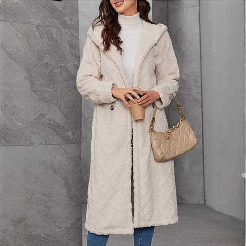 Damen Fluffy Mantel mit Kapuze und Knopfverschluss Drune