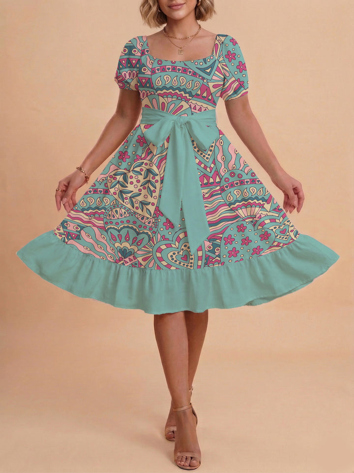 Damen A-Linien-Kleid mit floralen Motiven und taillierbarem Gürtel Drune
